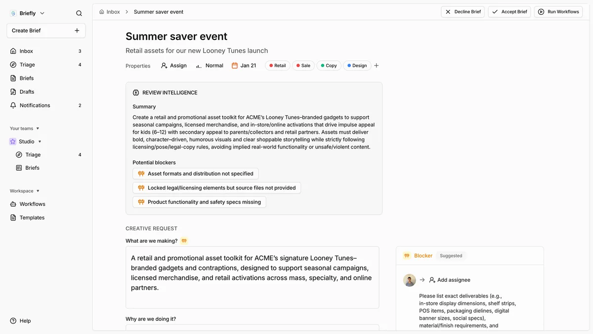 Briefly platform showing the creative operations dashboard
